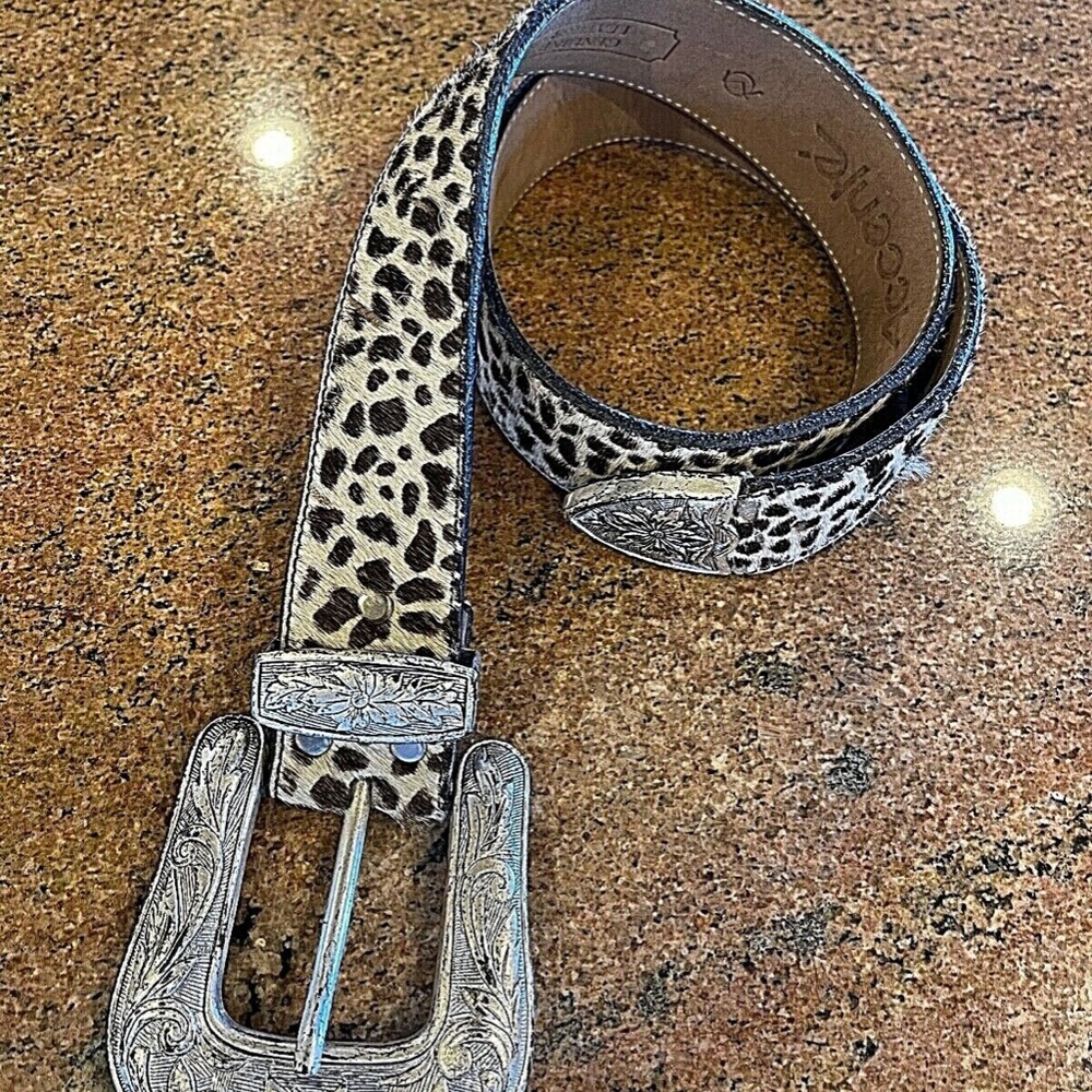 Leopard Print Belt with Silver Buckle